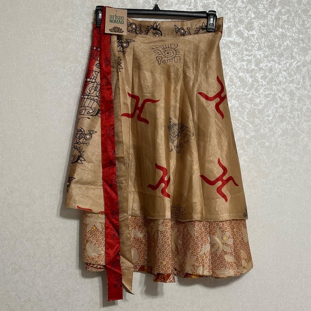 Urban Nomad Layered Sari Wrap Skirt Silk Ethnic Print Boho Festival Gold Red NWT